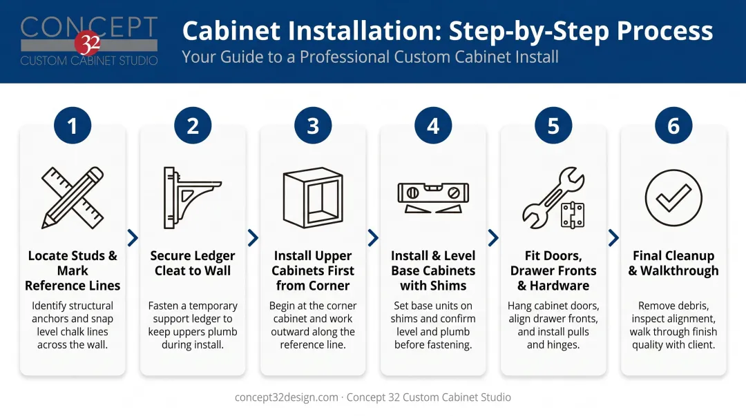6-step kitchen cabinet installation process sequence flow diagram
