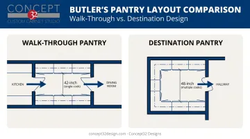 Walk-through versus destination butler's pantry layout comparison diagram