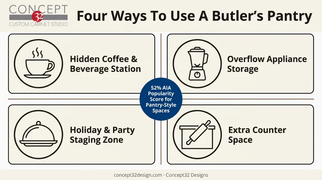 Four modern butler's pantry uses shown with icons and labels