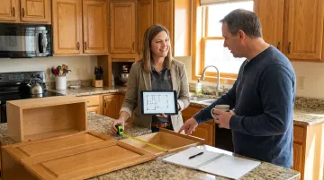 Designer measuring kitchen cabinets during free in-home consultation visit