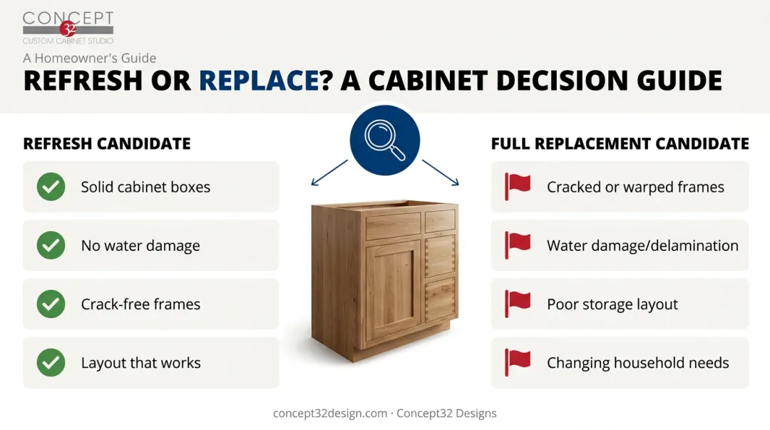 Kitchen cabinet refresh versus full replacement decision comparison chart