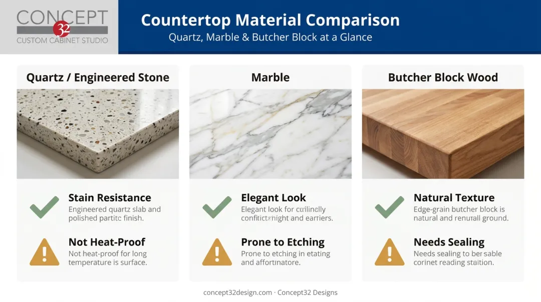 Comparison of quartz marble and butcher block countertop materials