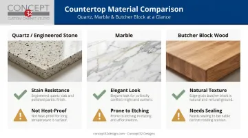 Comparison of quartz marble and butcher block countertop materials