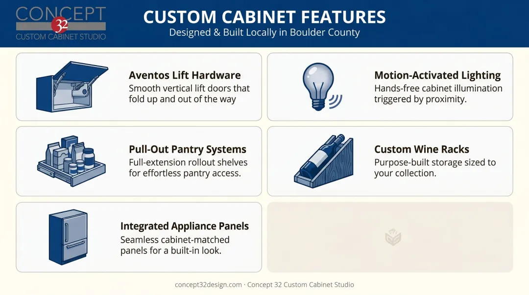 Five modern custom cabinet functional features icons and descriptions infographic