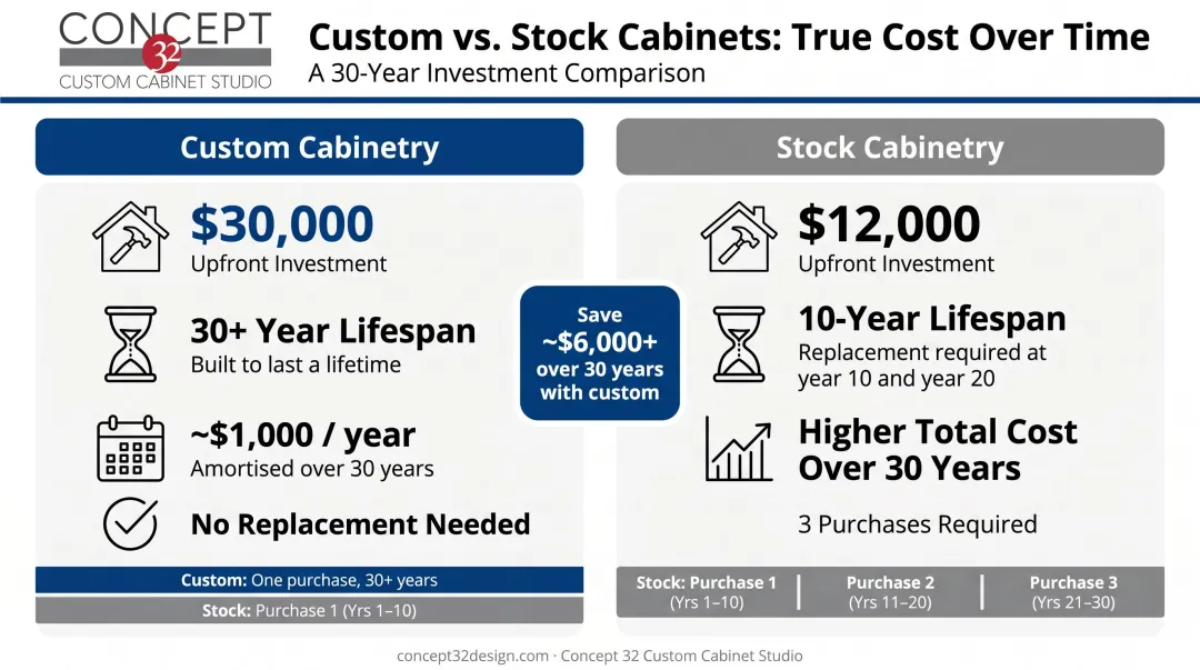 Custom versus stock cabinet cost-per-year comparison over 30-year lifespan