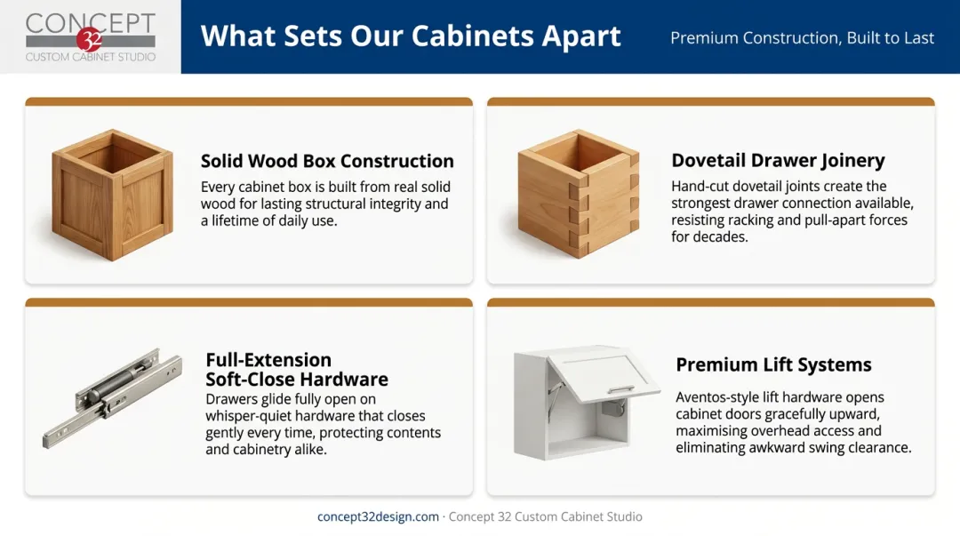 Four key custom cabinet construction quality features including dovetail joinery and soft-close hardware