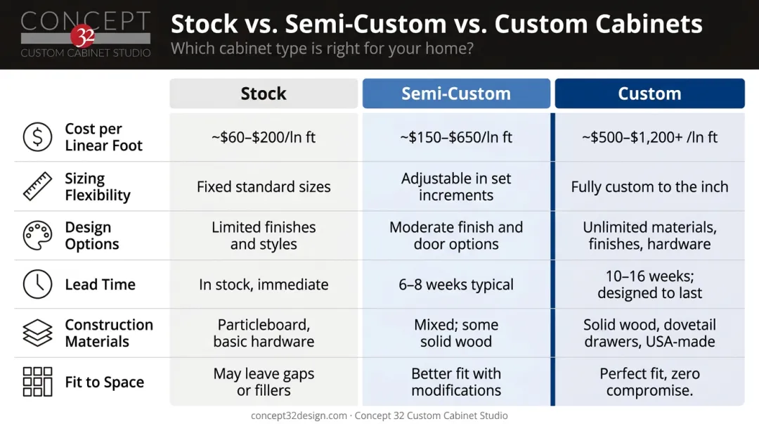 Stock semi-custom and custom cabinet comparison chart across cost sizing and quality