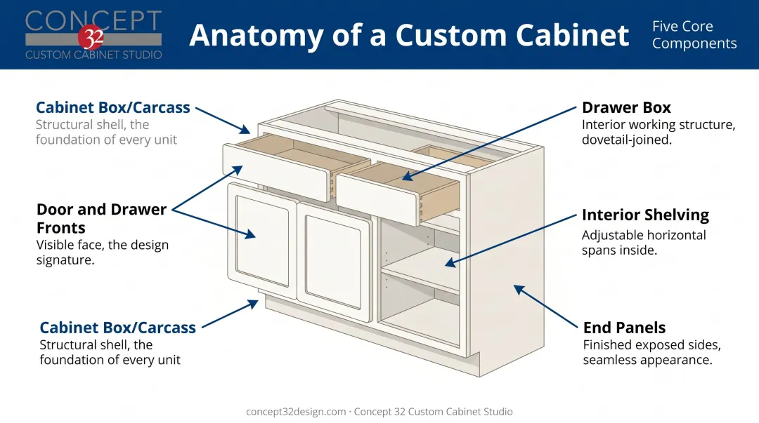 Five core custom kitchen cabinet components anatomy diagram with structural roles