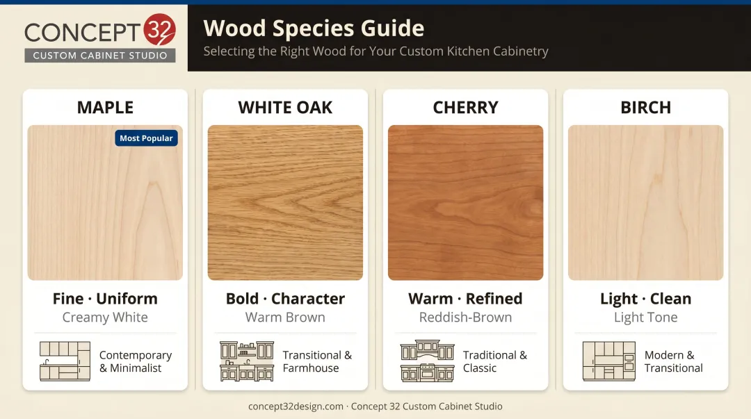 Wood species comparison chart for stained kitchen cabinets grain and color guide