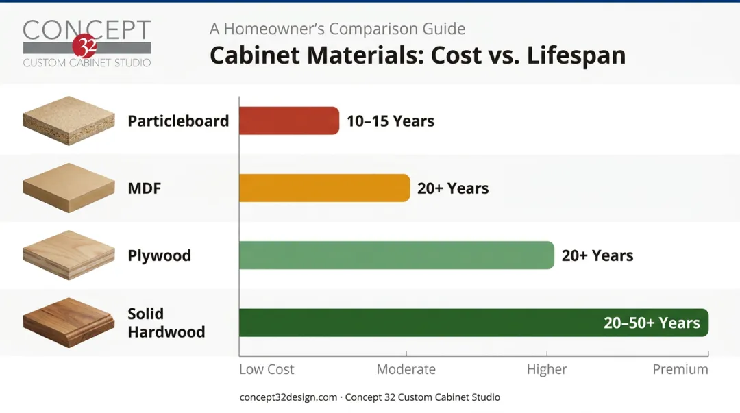 Cabinet material cost and lifespan comparison chart particleboard to solid hardwood
