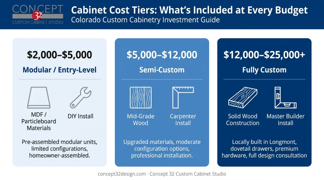 Three-tier custom built-in entertainment center cost comparison infographic