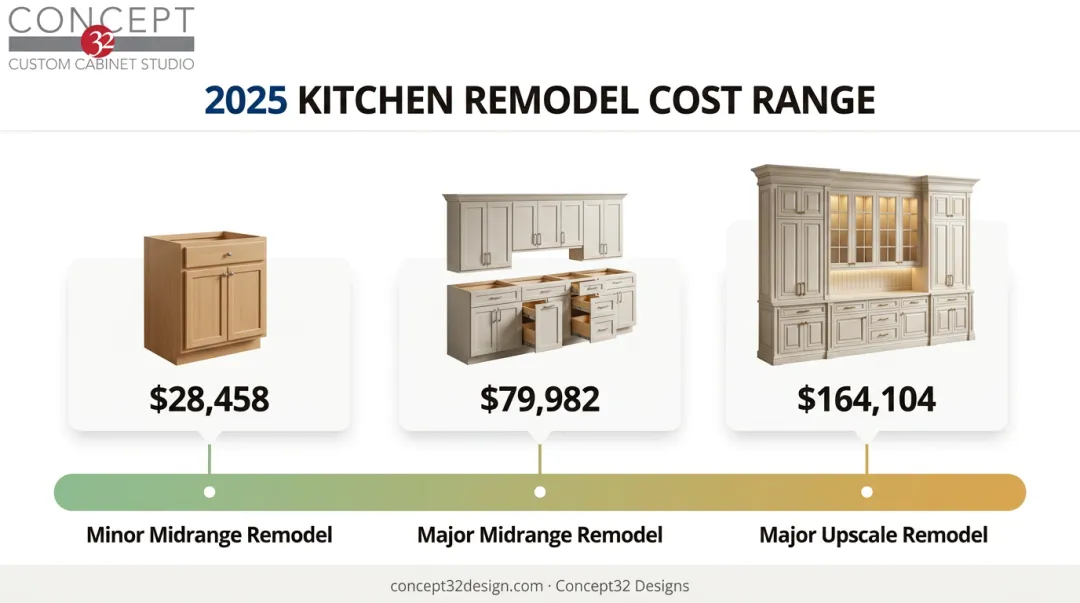 Galley kitchen design-build cost range from minor to major transformation infographic