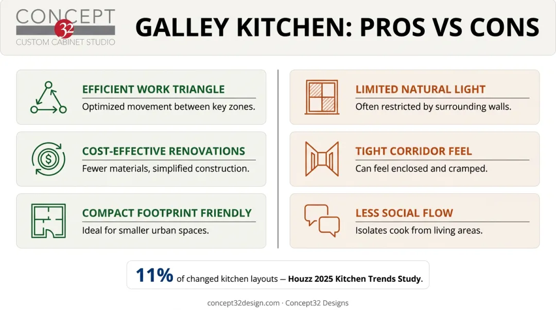 Galley kitchen layout pros and cons comparison infographic chart