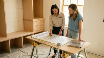 Homeowner reviewing mudroom cabinet design options with professional consultant in entryway