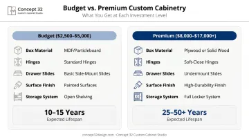 Budget versus premium custom mudroom cabinets side-by-side feature and lifespan comparison