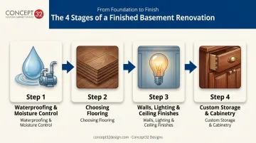 4-step basement laundry room transformation process from waterproofing to custom cabinetry