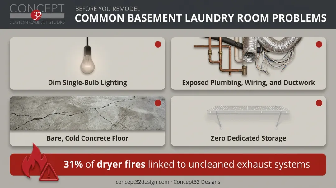 Common basement laundry room problems including moisture ventilation and storage issues