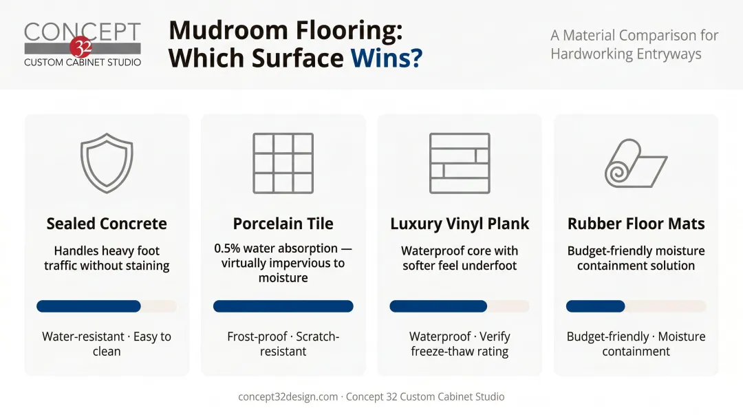 Four garage adjacent mudroom flooring options comparison chart durability and moisture resistance
