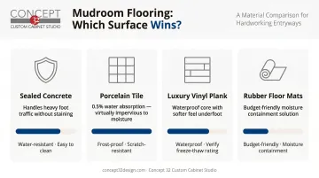 Four garage mudroom flooring options comparison chart durability and moisture resistance