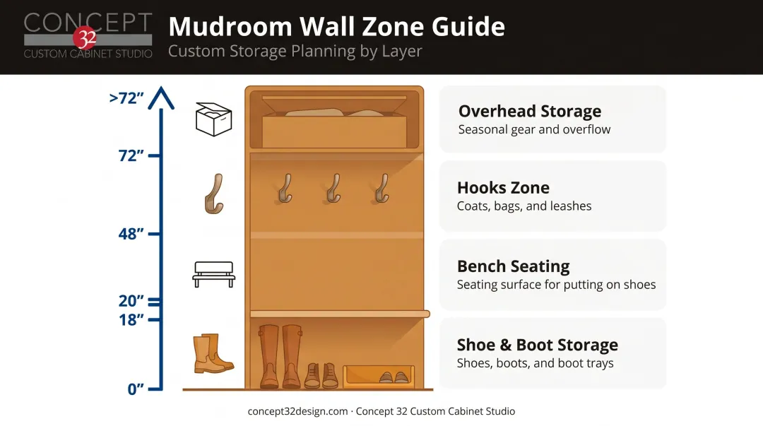 Garage mudroom vertical zoning chart with four storage height layers