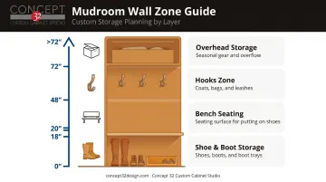 Garage mudroom vertical zoning chart with four storage height layers