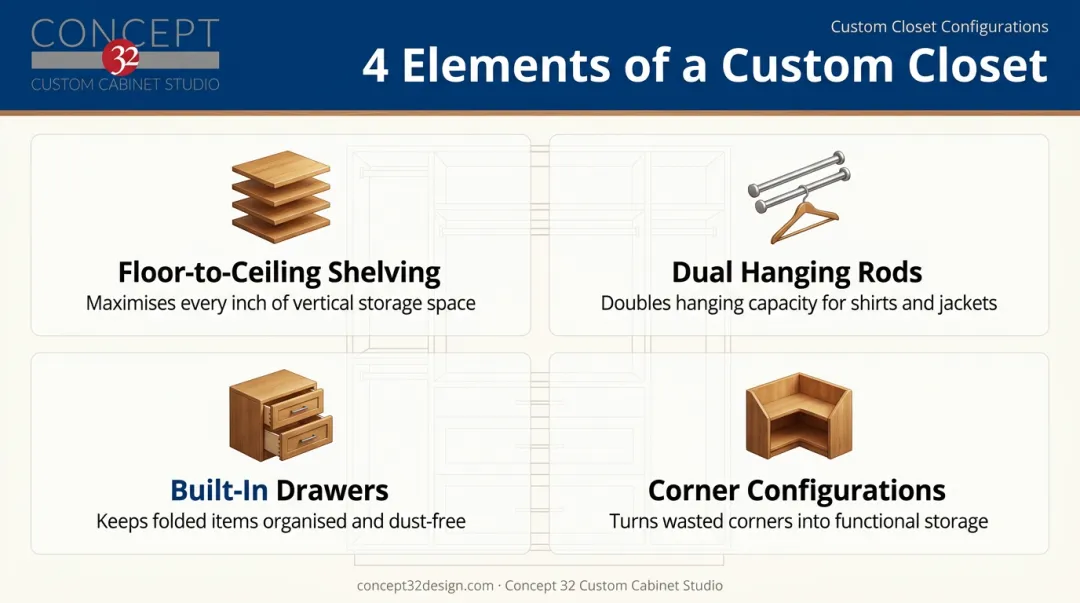Custom built-in closet space maximization features floor-to-ceiling configuration diagram