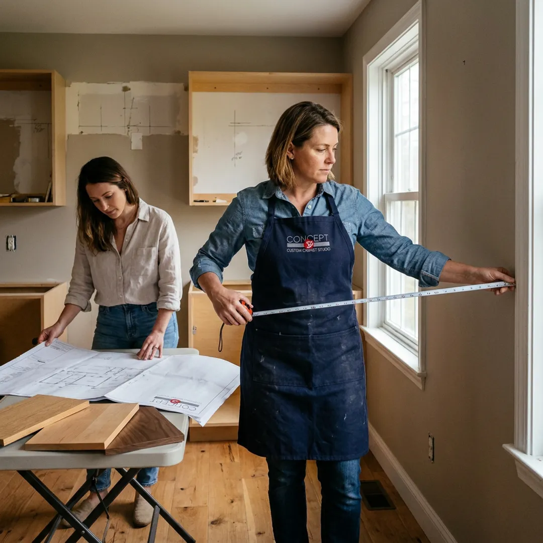 Cabinet designer reviewing plans with homeowner