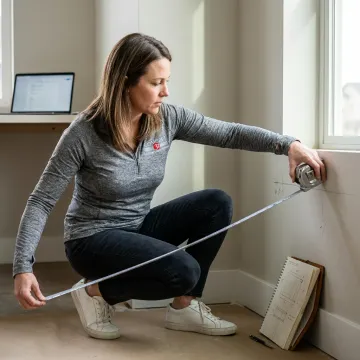 Designer measuring a home office for custom cabinets