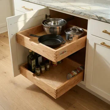 Custom pull out shelves in kitchen cabinet