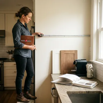 Cabinet designer reviewing coffee bar plans