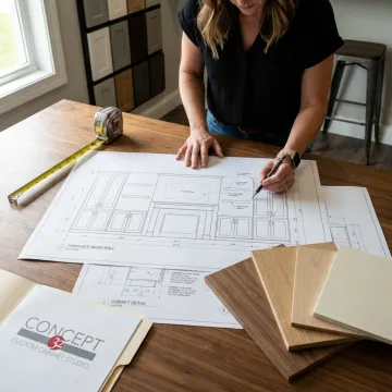 Designer reviewing fireplace media wall plans