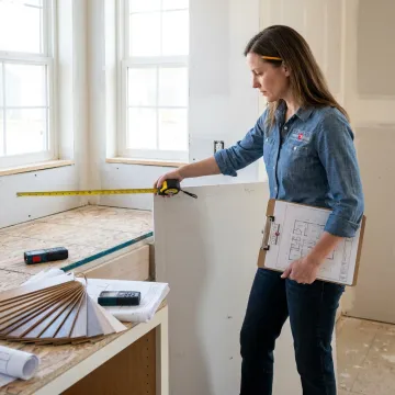 Designer measuring a kitchen for custom cabinets