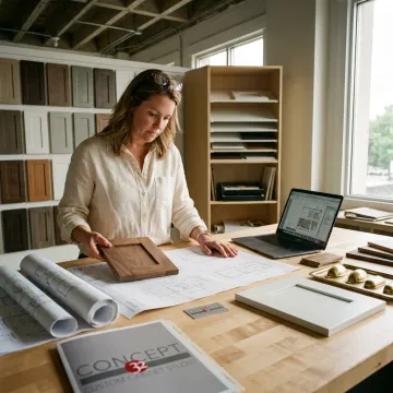 Designer reviewing walnut frameless cabinet plans