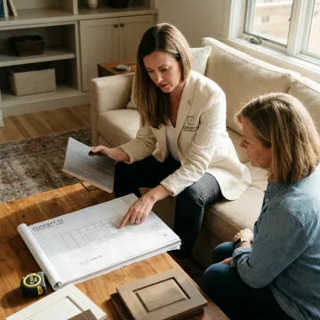 Designer reviewing plans for a TV lift cabinet