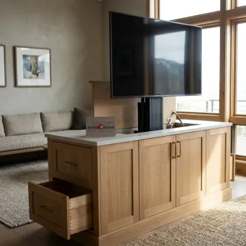 Custom TV lift cabinet in a living room