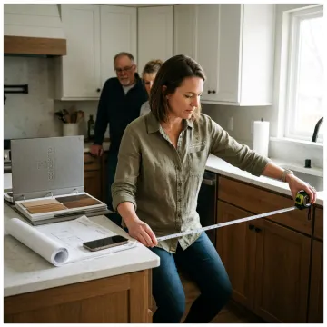 Designer reviewing kitchen cabinet plans with homeowners