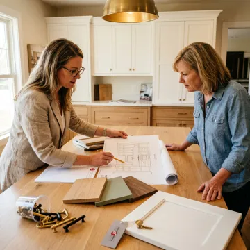 Cabinet designer reviewing custom kitchen plans
