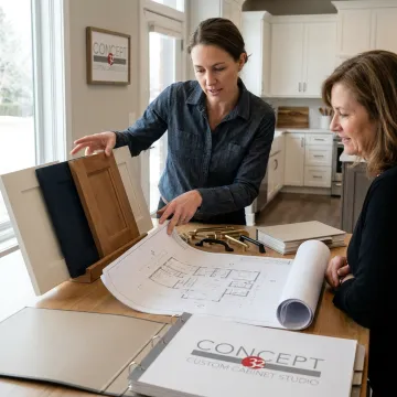 Designer reviewing kitchen cabinet plans