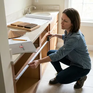 Designer measuring a bathroom vanity space