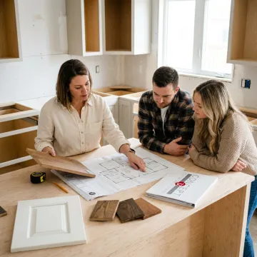 Designer reviewing custom kitchen cabinet plans