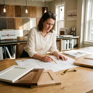 Cabinet designer reviewing custom inset kitchen cabinet plans