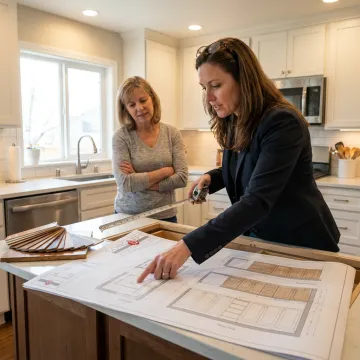 Cabinet designer reviewing custom plans in a home