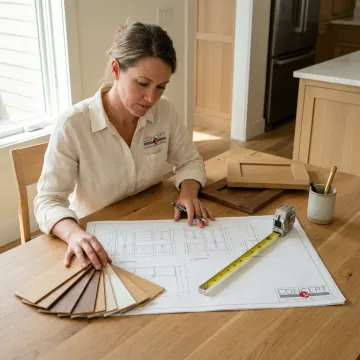 Cabinet designer reviewing custom cabinet plans