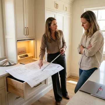 Designer reviewing custom cabinet charging plans
