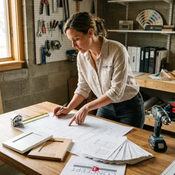 Designer reviewing custom workbench plans