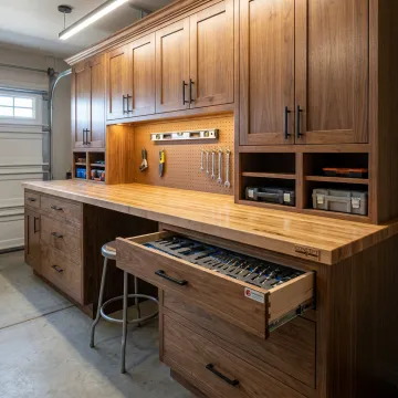 Custom built-in workbench with storage cabinets