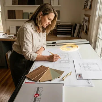 Designer reviewing custom bar cabinet plans