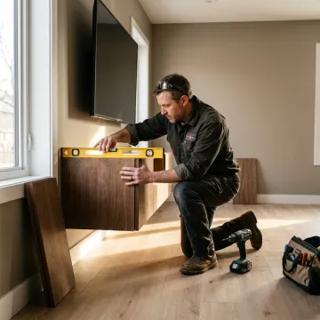 Cabinet installer mounting a floating TV cabinet