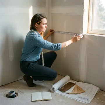 Designer measuring a bathroom corner for a custom vanity