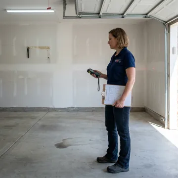 Designer measuring garage for custom cabinets